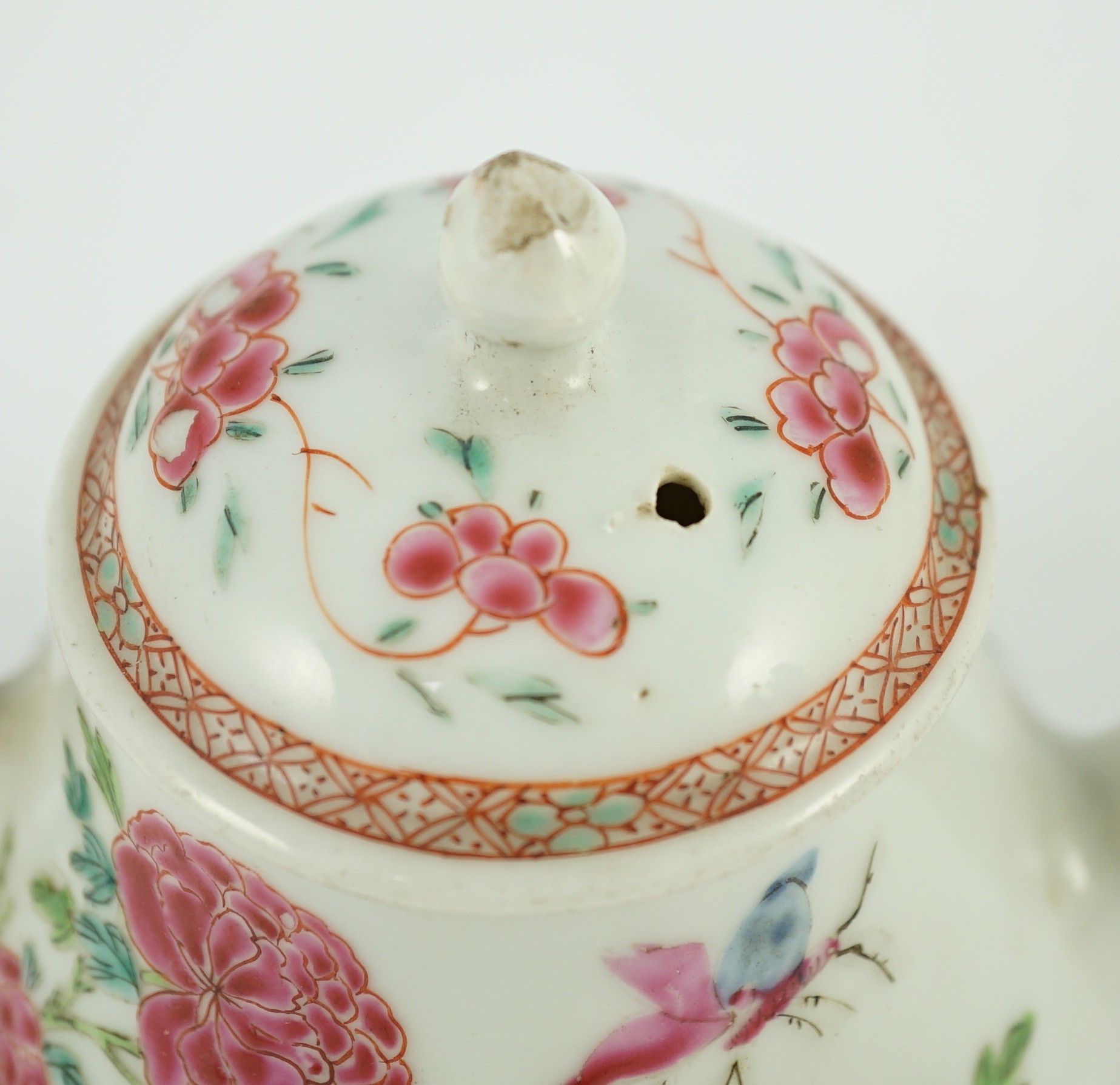 A Chinese famille rose ‘cockerel’ teapot, Yongzheng period, 12 cms high, 11.5cm high